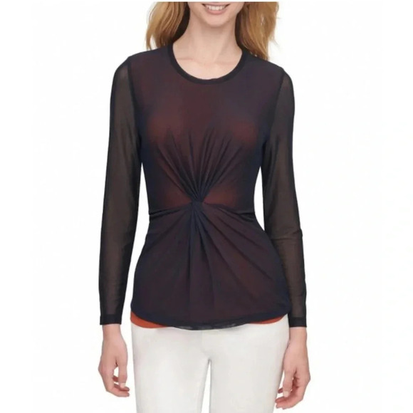 *NWT* DKNY Top with Twist Front and Mesh Overlay in Navy/Russet, S, Blue, Orange - Picture 1 of 10